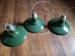 Set of 3 Vintage Benjamin Green Porcelain Enamel Barn Light,  14” 6