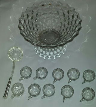 Fostoria American Vintage Pedestal 14.  5 " Punch Bowl With 10 Glass Cups & Ladle