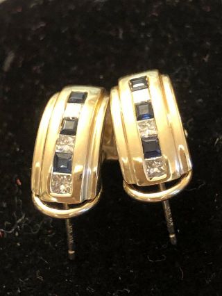 Estate Vintage 14k Gold Diamond & Blue Sapphire Earrings Signed Adl Omega Backs
