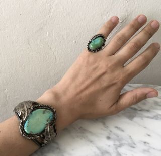 Vintage Navajo Large Turquoise Stering Silver Necklace Cuff Bracelet Ring Set 10