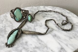 Vintage Navajo Large Turquoise Stering Silver Necklace Cuff Bracelet Ring Set 12