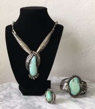 Vintage Navajo Large Turquoise Stering Silver Necklace Cuff Bracelet Ring Set