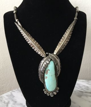 Vintage Navajo Large Turquoise Stering Silver Necklace Cuff Bracelet Ring Set 2
