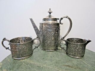 Antique Derby Silver Co.  Silver Plate Coffee Pot Sugar Creamer Embossed Repousse