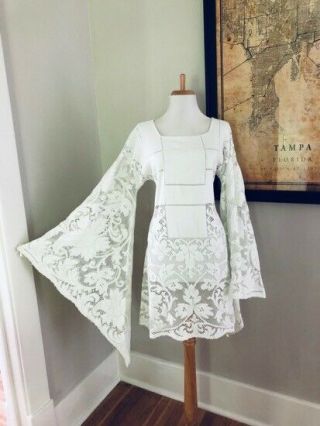 Vintage Boho Sheer Cut Out White Crochet Lace Bell Sleeve 70 Hippi Wedding Dress