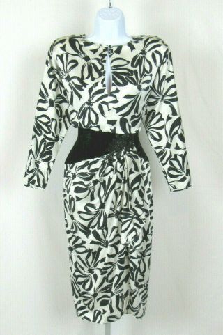 Vtg 1980s 90s A.  J.  Bari Silk Dress Size 6 Bead Trim Black White Bows Offset