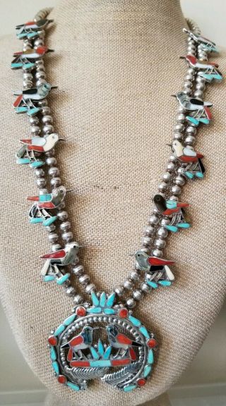 Vtg Signed Cpl Zuni Inlay Mosaic Squash Blossom Necklace Sterling,  Bird Pendant