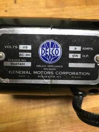 Vintage Delco electric Motor Appliance 1/15 HP 115V 9 AMPS 2