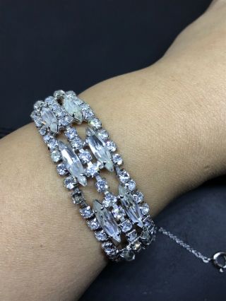 Vintage Sherman Clear Rhinestone Bracelet With Safety Chain 4