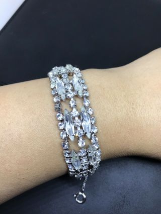 Vintage Sherman Clear Rhinestone Bracelet With Safety Chain 5