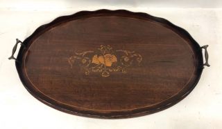 Antique Edwardian Mahogany Tray Inlaid With Musical Instruments And Sheet Music