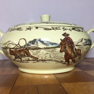 Vernon Kilns Frontier Days Covered Bowl Dish W/Handles Vintage 50 ' s 2