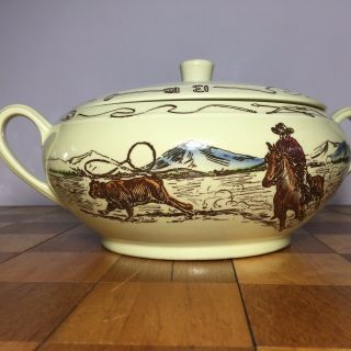 Vernon Kilns Frontier Days Covered Bowl Dish W/Handles Vintage 50 ' s 5