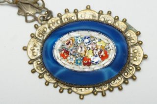 Antique 1920 - 30 ' s Micro Mosaic & Faux Blue Moonstone Art Glass Flower Necklace 2