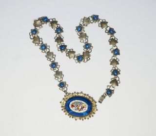 Antique 1920 - 30 ' s Micro Mosaic & Faux Blue Moonstone Art Glass Flower Necklace 3