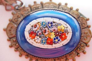 Antique 1920 - 30 ' s Micro Mosaic & Faux Blue Moonstone Art Glass Flower Necklace 4