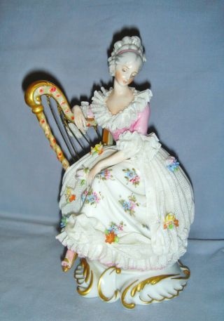 Pretty Vintage Capodimonte Porcelain Seated Lace Lady Figurine Playing Gold Harp