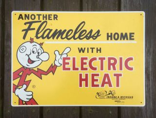 Vintage Reddy Kilowatt Flameless Home Electric Heat Metal Sign Indiana Michigan