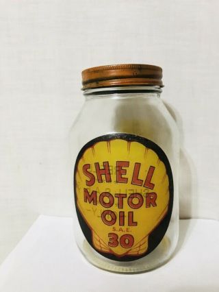 Vintage Shell Motor Oil Sae 30 One Quart Glass Jar Bottle Paper Label