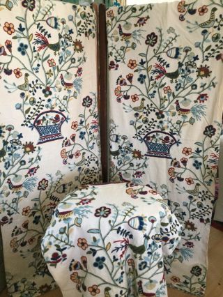 Vintage Crewel Embroidered Wool On Hand Loomed Cotton Fabric 3 Panels 54” X 75”