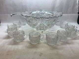 Vtg American Brilliant Cut Glass Punch Bowl W/ Cups And Ladle