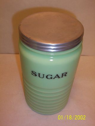 Vintage Jeannette Glass Jade - ite Jadeite Jadite Round Ribbed SUGAR Canister Jar 2