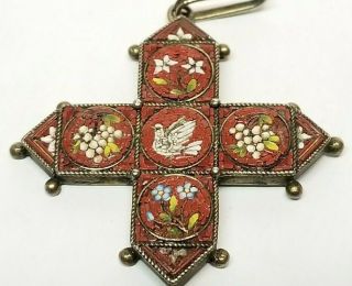Antique Victorian Sterling Silver Micro Mosaic Inlaid Dove Necklace Pendant Rare