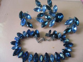 Regency Montana Blue Irid.  Rhinestone Bracelet Beau Jewels Brooch Earrings - 155