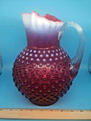 Vintage Cranberry Opalescent Hobnail Fenton Art Glass Pitcher 1940s W/ Ice Lip