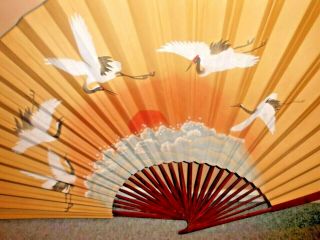 39 " X 60 " Asian Paper Hand Held Fan Wall Hanging Hand Painted Cranes Lettering