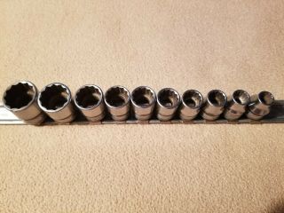 Ten Pre - Owned Vintage Snap - On Fm 3/8 " Drive 12 Point Metric Sockets Good Cond.