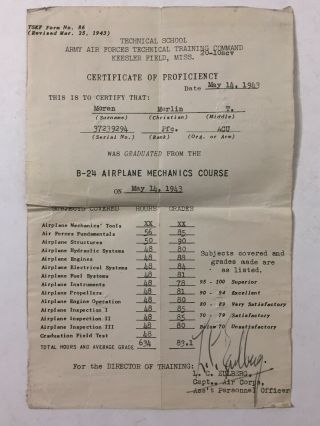 Vintage 40s Wwii Army Air Force B24 Airplane Mechanic Certificate Of Proficiency