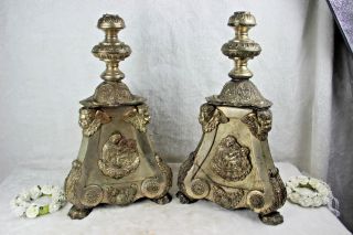 Pair Antique French Candle Holder Base Religious Angels Madonna Spelter Metal