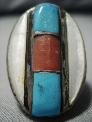 Huge And Heavy Vintage Navajo Turquoise Coral Sterling Silver Ring Old