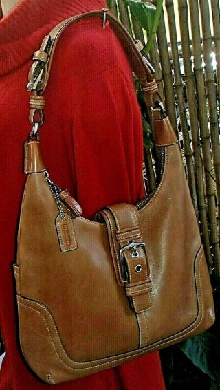 Coach Brown Leather Metal Buckle Hobo Shoulder Bag Equestrian Purse E04s - 7463