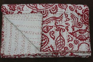 Red Block Print Bedspread Kantha Quilt Vintage Indian Cotton Bed Cover Bohemian
