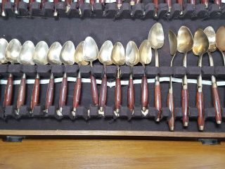 VTG 153 PC MID CENTURY MODERN DANISH TEAK & BRASS FLATWARE/SILVERWARE SET 8