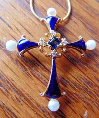 Vtg.  Franklin Faberge 14K Gold Sapphire Midnight Cross Pendant w/14K chain 2