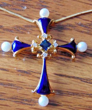 Vtg.  Franklin Faberge 14K Gold Sapphire Midnight Cross Pendant w/14K chain 3