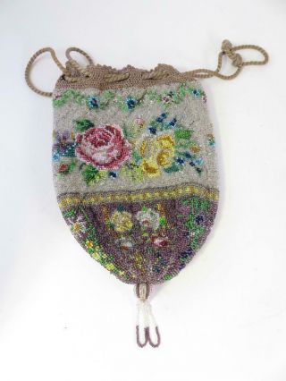 Antique Micro Beaded Purse With Roses Floral Design