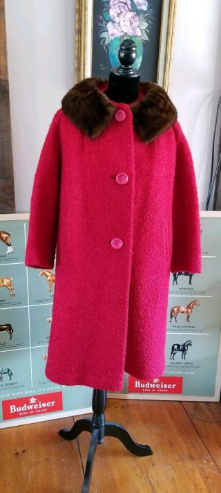 Vintage Stevens Hockanum Ruby Red Topaz Coat Mink Fur Collar