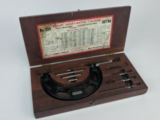 Starrett No.  224 0 " To 4 " Outside Micrometer W/ Wood Box - Vintage Machinist Mic