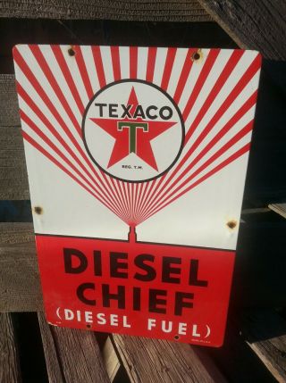 Vintage 1940 Texaco Diesel Fuel Chief Porcelain Sign Gas Oil Rack Plate