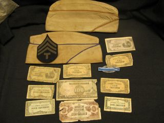 2 Ww2 U.  S.  Army Field Caps Japanese Money Combat Infantry Badge Felt Rank Patch