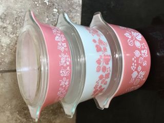 Vintage Pyrex Gooseberry Pink White Casserole Dishes 471 472 473 W/3lids