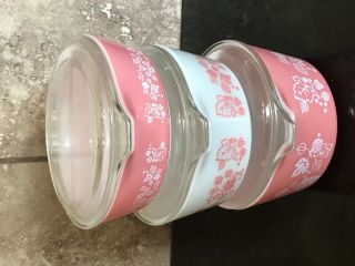 Vintage PYREX Gooseberry Pink White Casserole Dishes 471 472 473 w/3Lids 2