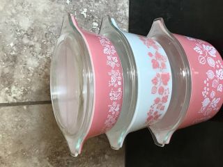 Vintage PYREX Gooseberry Pink White Casserole Dishes 471 472 473 w/3Lids 3
