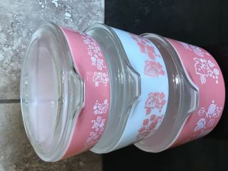 Vintage PYREX Gooseberry Pink White Casserole Dishes 471 472 473 w/3Lids 4