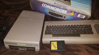 Commodore 64 Vintage Computer & Disc Drive Box - Paperwork - Game & Power