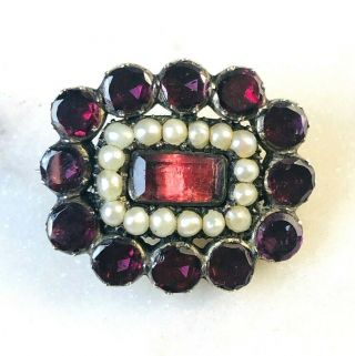 Antique Georgian High Carat Gold Mourning Brooch With Red Garnet Pearls Rare